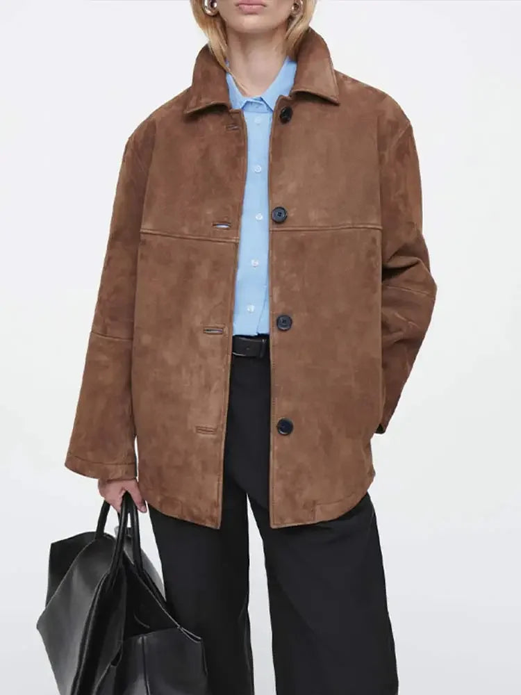 Vintage Brown Single Breasted Suede Jacket Women